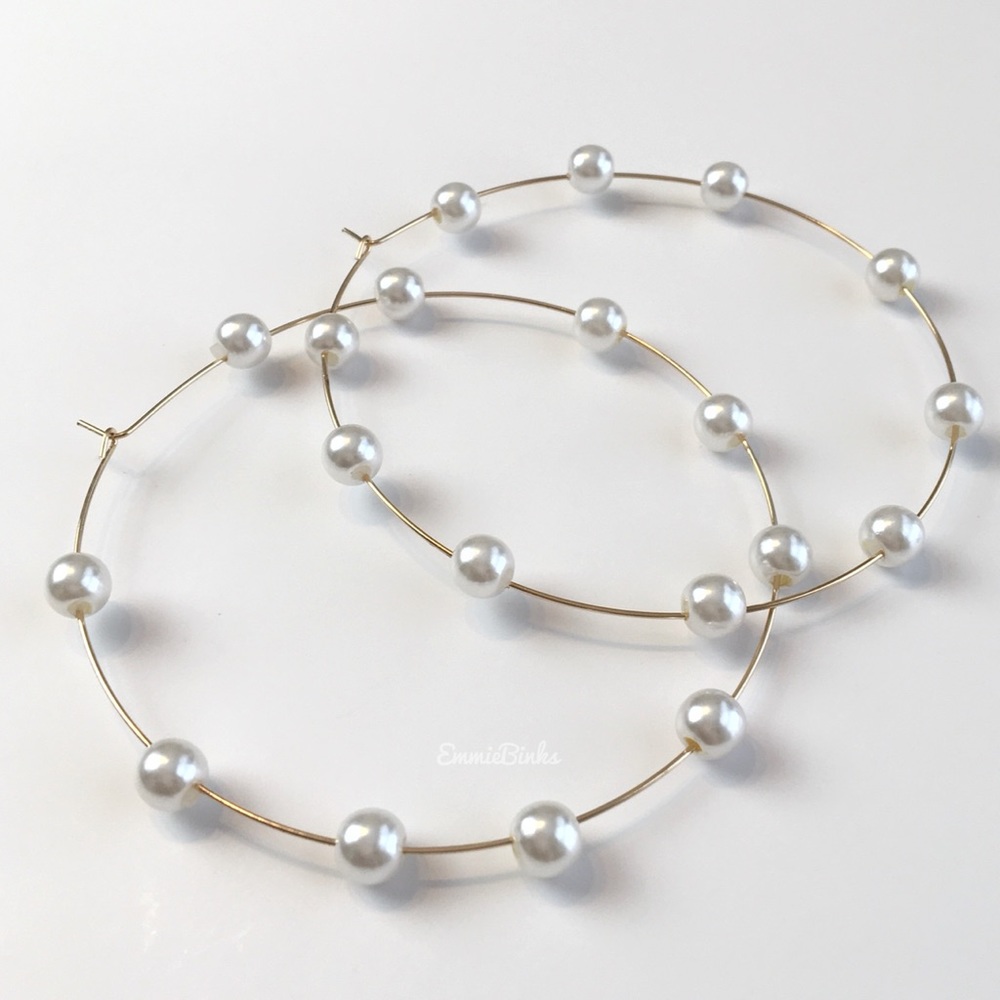 New Zara Large Threader Hoop Statement Earrings ~ Boho Pearl Accents ~ Hoops - Picture 4 of 14